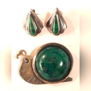 Sterling Set Malakite Snail Brooch And Earings